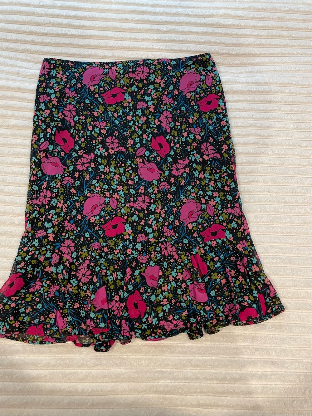 Express Black Floral A-Line Skirt with Bright Pink & Blue Accents